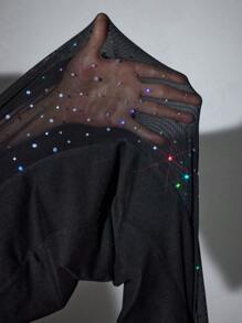 SHEIN ICON Plus Size Women's Solid Color High Waist Splice Rhinestone Mesh Flare Pants, Halloween Costume - Black - View 7