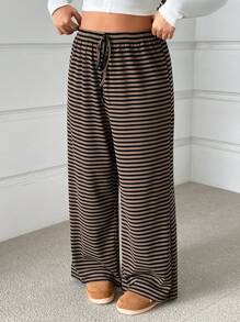 CovetEZ Plus Size Knit Textured Wide-Leg Drawstring Pants - Brown - View 5