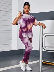 SHEIN Teen Girl 2pcs/Set Teen Girls' Tie Dye Hoodie Short Sleeve T-Shirt And Pants Casual Outfit