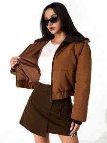 SHEIN Áo khoác đệm cổ đan thời trang giản dị cho bé gái tuổi teen, màu nâu - màu nâu - Xem 6