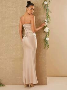 SHEIN Unity Bộ 2 áo corset bằng vải satin và váy đuôi cá dài - Màu Khaki - Xem 1