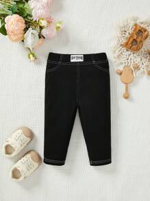 SHEIN Baby Girls All-Match Solid Color Thermal Lined Leggings Cute Black Elastic Knit Letter Pattern Drawstring Waist Pants, Soft Comfortable Stretchy Warm Pants For Spring, Fall And Winter - Black - View 5