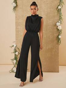 SHEIN Unity Draped Front Wide Leg Jumpsuit With Shoulder Pads - Black - View 4