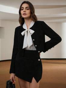 Aveloria Modichic Women's 2 Pieces Outfit Crop Tweed Jacket And Bodycon Mini Slip Skirt - Black - View 4