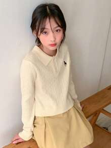 Dazy Kids Tween Girls Casual Embroidery Pattern Collar Sweater, Autumn