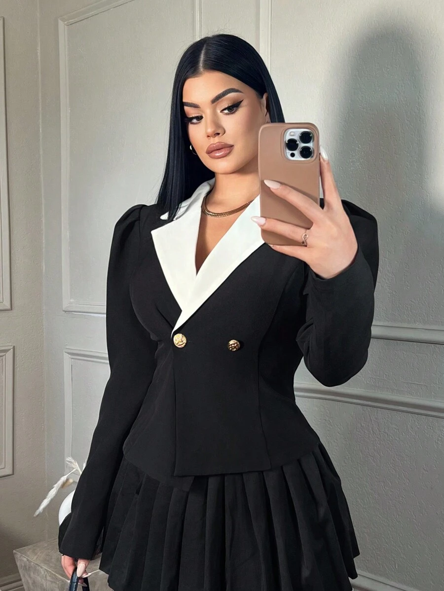 SHEIN SXY Chaqueta blazer con mangas obispo en blanco y negro para mujeres - Blanco y Negro - Ver 1