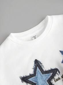 SHEIN Leap Crew Tween Girl 休闲针织圆领羊毛运动衫和印花喇叭牛仔裤套装 - 藍色 - 查看 6