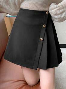 DAZY 纯色不对称褶裥前襟纽扣优雅黑色半身裙，女士秋冬服装半身裙 - 黑色 - 查看 7