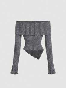 SHEIN MOD 女士露肩蝴蝶结长袖T恤上衣，返校季，可爱上衣，秋季上衣，学院风上衣 - 藏蓝色 - 查看 2