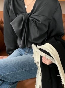 Áo cánh xoắn phía trước thanh lịch màu trơn cho nữ, quần áo mùa thu, áo dài tay kiểu học sinh - Màu xám đen - Xem 5