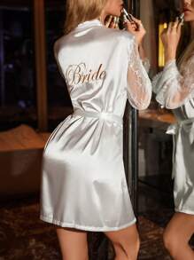 SilkySpell Letter Graphic Contrast Lace Belted Satin Robe, Fall & Winter Cozy And Elegant - White - View 3