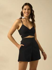 CAJUNI Women's V-Shaped Black Mini Shorts, Vacation Casual Summer Shorts - Black - View 8