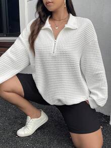 SHEIN Essnce Áo nỉ vải kẻ caro họa tiết kẻ caro cỡ lớn có khóa kéo nửa màu trắng cho nữ - trắng - Xem 6