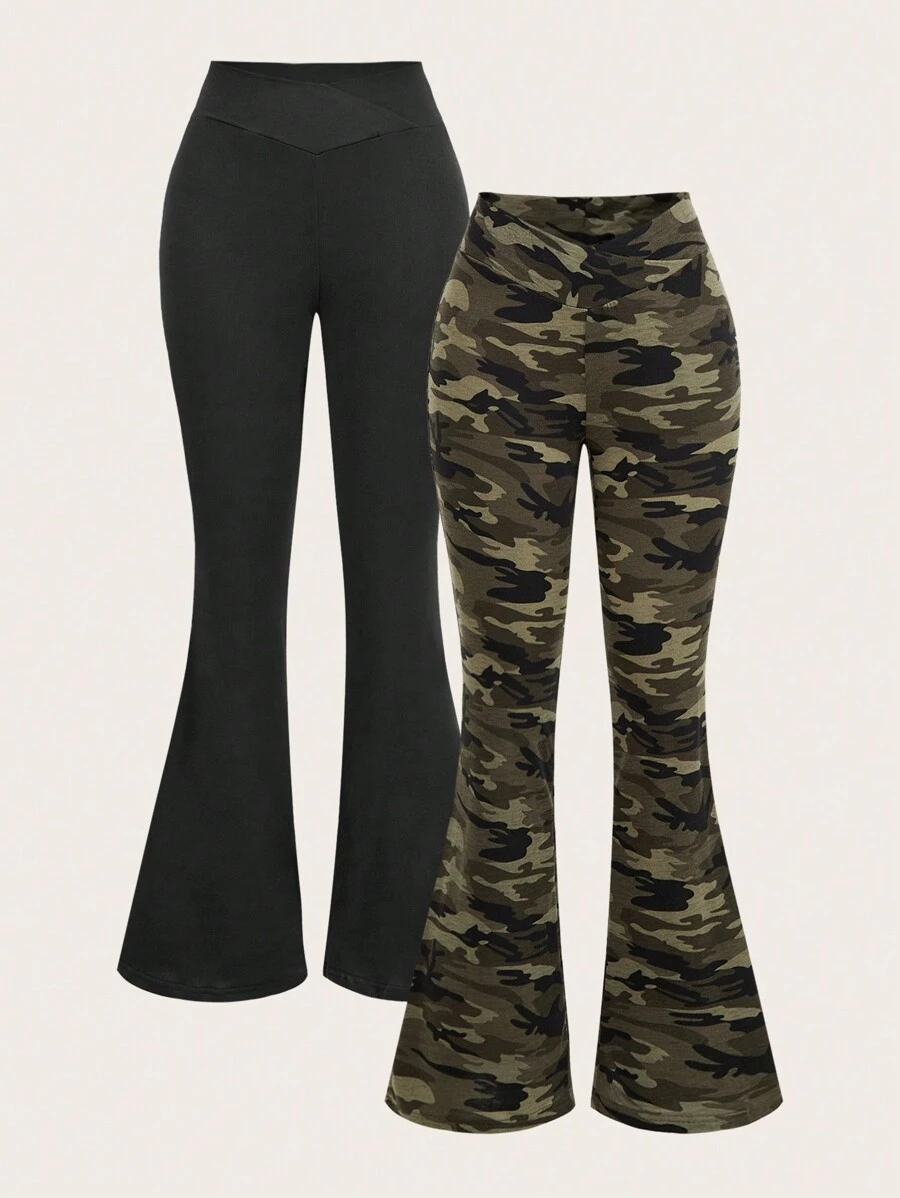 SHEIN EZwear 2pcs Women Camouflage Print Waist Bandage Design Leggings Flare Pants Set, Suitable For Spring And Autumn