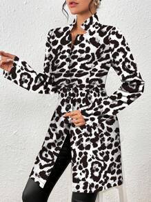 SHEIN Clasi Women Casual Vacation Stand Collar Knit Textured Leopard Print Slim Fit Jacket - Black and White - View 4