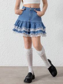 Váy denim cho bé gái tuổi teen có ren, thiết kế mềm mại dễ thương có lót, phong cách giản dị và thời trang mới - Rửa trung bình - Xem 6