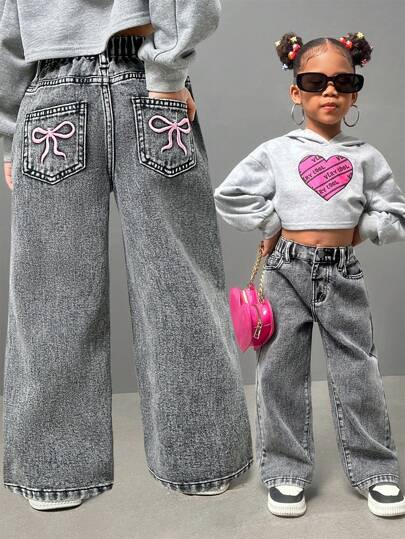 Young Girls Fashionable Casual Washed Denim Straight-Leg Pants With Embroidered Back Pockets Wide Leg Jeans Kidsbaggy Jeans Young Girl Girls