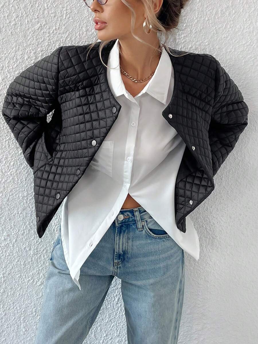 EMERY ROSE 女士宽松圆领双排扣菱形绗缝加厚棉服外套冬季双口袋 - 黑色 - 查看 1