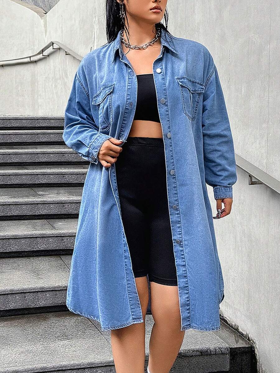 SHEIN EZwear Plus Size Blue Drop Shoulder Long Sleeve Denim Dress ...