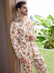 Manfinity ChillVibe 2pcs Men's All-Over Print Button Front Long Sleeve Top And Pants Pajama Set - Multicolor - View 4