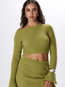 MUSERA Flared Sleeve Cropped Sweater Clothes - Green - View 1