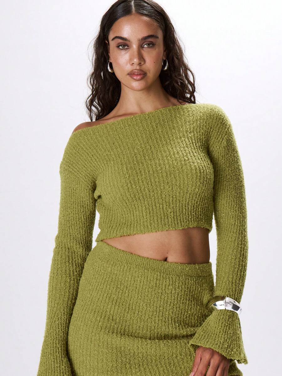 MUSERA Flared Sleeve Cropped Sweater Clothes - Green - View 1