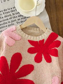 Girls Oversized Floral Pattern Sweater, 3D Flower Decor Knit Pullover - Apricot - View 3