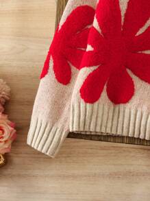 Girls Oversized Floral Pattern Sweater, 3D Flower Decor Knit Pullover - Apricot - View 7