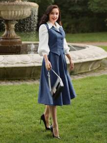 Vintamour 复古学院风女式两件套翻领背心和裙子套装秋季女装两件套背心套装返校商务休闲女士外出装背心套装办公室装学院风女装冬季女装办公室装女套装感恩节女装秋装两件套秋季装女裙套装女套装皇家蓝女装 - 藏蓝色 - 查看 4