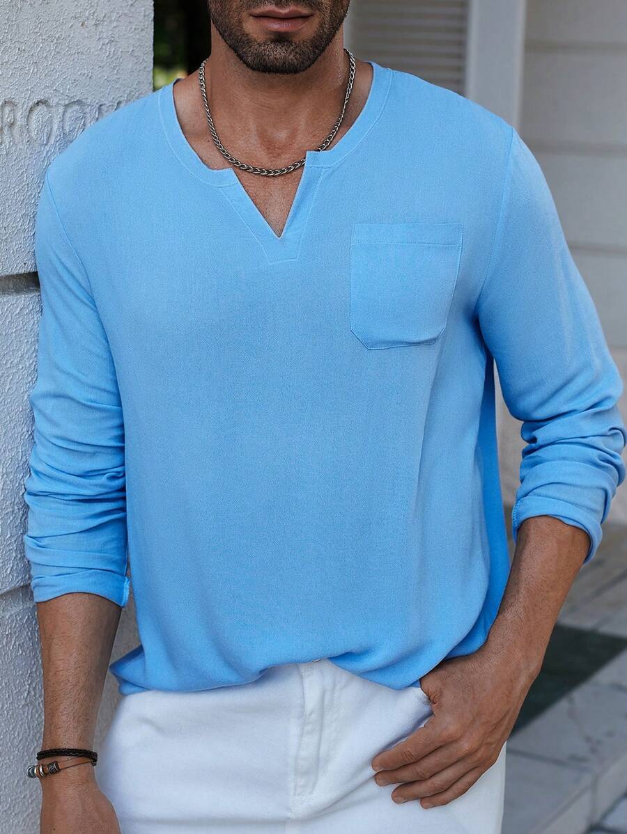 Manfinity Homme 男士日常商务休闲褶皱纹理优雅浅蓝色小 V 领长袖 T 恤,纯色 T 恤 - 藍色 - 查看 1