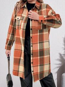 SHEIN LUNE Plus Size Women Plaid Print Front Button Pocket Long Sleeve Dress, Fall Clothes