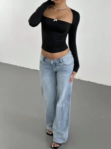 Aloruh 女士秋冬新款性感时尚加大领蝴蝶结装饰修身短款 T 恤 - 黑色 - 查看 6