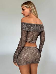 Aloruh Women's Brown Autumn Y2k Club Night Suit 2pcs Elegant Knitted Print Nomadic Wasteland Style One Shoulder Long Sleeve Top+Ultra Low Waist Pleated Skirt - Multicolor - View 2