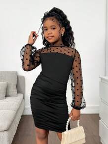 SHEIN Tween Girls' Elegant Polka Dot Mesh Splice Ruched Puff Sleeve Stand Collar Bodycon Dress, Black, Suitable For Home, Outing, Party, Halloween - Black - View 6