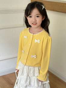 DAZY Young Girl Casual Round Neck Long Sleeve T-Shirt With Bow Decor, Autumn & Winter - Yellow - View 3