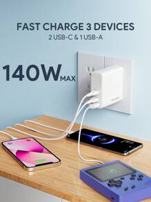 JMMO USB充電器 140W 3孔牆充快速充電器，2個USB-C孔與1個USB-A孔，超快雙用筆電手機充電器，便攜式充電器 - 白色 - 查看 2