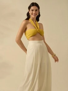CAJUNI Women's Vacation Casual Summer Yellow Halter Twist Lace Up Top - Yellow - View 10