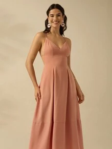 CAJUNI 女式 V 领肉粉色细肩带中长连衣裙，假日休闲海滩夏装 - 淺粉色 - 查看 2
