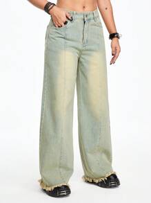 ROMWE Grunge Punk 街頭風格復古寬鬆直筒工藝洗水牛仔褲,磨損洗水和破洞邊緣處理