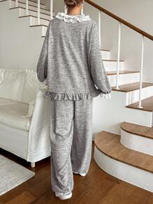 DAZY Sweet Bow Accent Floral Trim Pajama Set - Grey - View 2