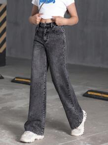 SHEIN 女童正面纽扣多口袋蝴蝶结刺绣星星牛仔裤