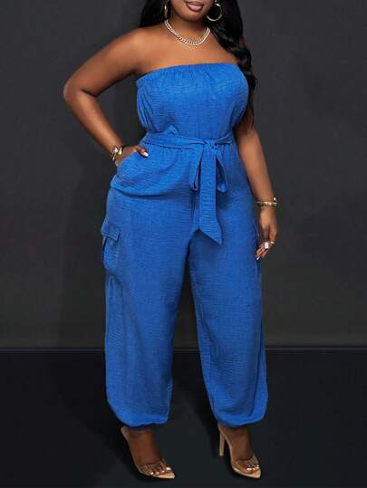 Slaydiva 大码休闲露肩收腰抽绳踝部蓝色连体裤，秋季