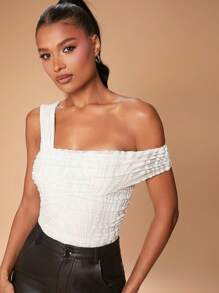 Hauture Asymmetric Neck Ruffle Sleeveless Flocking Bodysuit - White - View 8