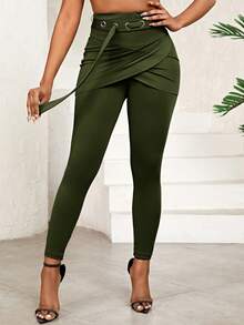 SHEIN Lady Conjunto de falda midi con abertura y leggings de parches con enlaces circulares para mujer - Verde militar - Ver 3