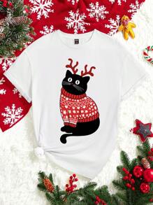 SHEIN LUNE Plus Size Women's Casual Christmas Cat Print Pullover T-Shirt, Summer - White - View 1