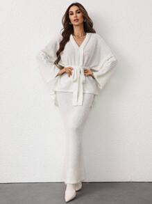 SHEIN Privé 女士针织毛绒抽绳宽松长袖上衣和鱼尾裙 - 杏色 - 查看 3