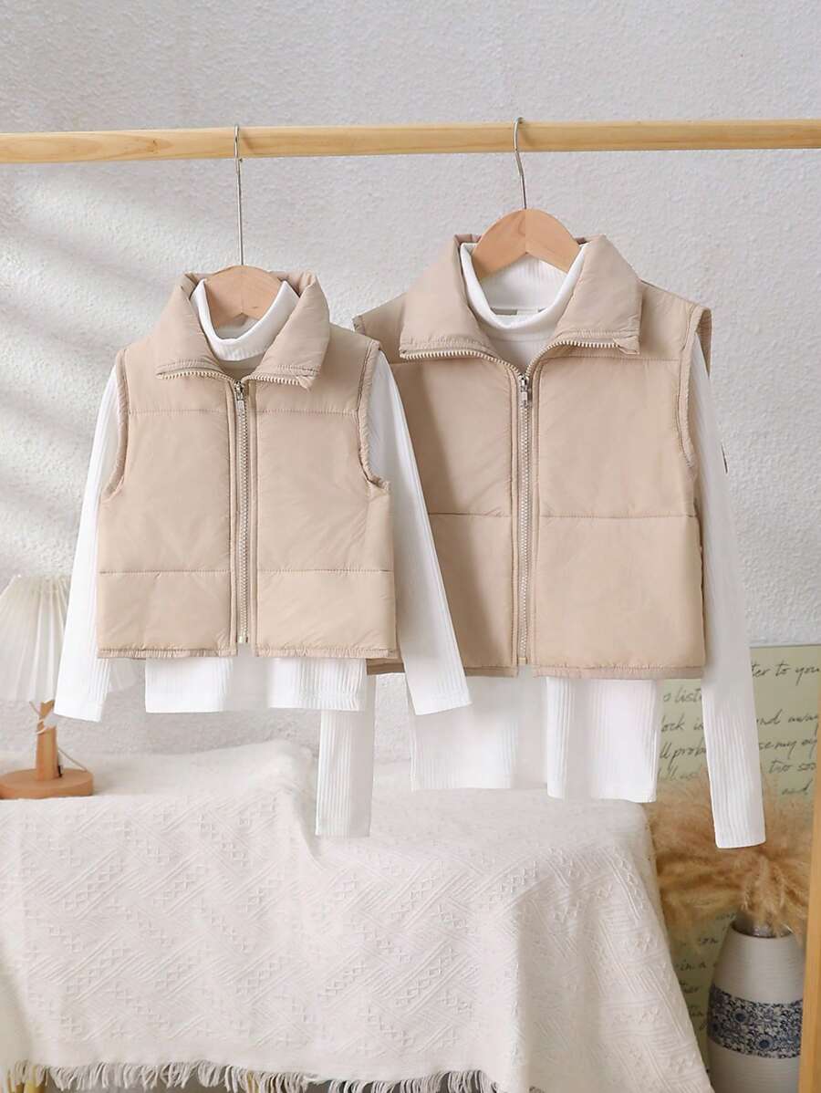 2 件 Tween 女童杏色立领无袖背心和白色立领长袖打底衫，秋冬兄弟姐妹装（单独出售） - 彩色 - 查看 1