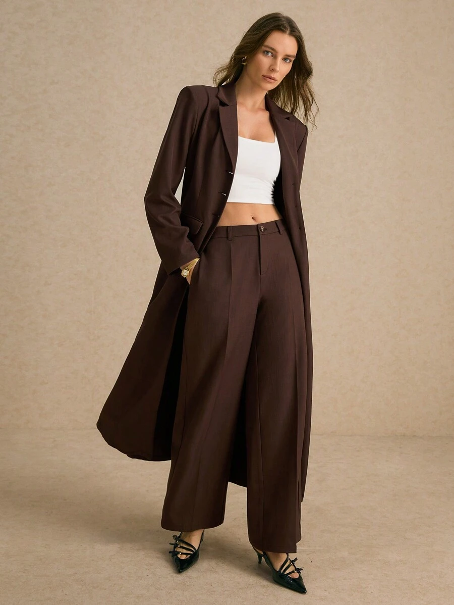 Poéselle Women's Brown Low Rise Casual Suit Pants With Side Pockets, Old Money, Office Wear, Business Casual Women's Wear, Business Women's Wear, Women's Low Rise Formal Trousers, Fall Essentials, Fall Wear, Winter Women's Wear, Frenchy Style - Chocolate Brown - View 1