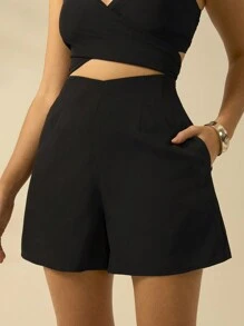 CAJUNI Women's V-Shaped Black Mini Shorts, Vacation Casual Summer Shorts - Black - View 1