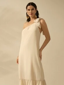 CAJUNI Vestido beige de verano casual para vacaciones de mujer con un hombro y cordones - Beis - Ver 6